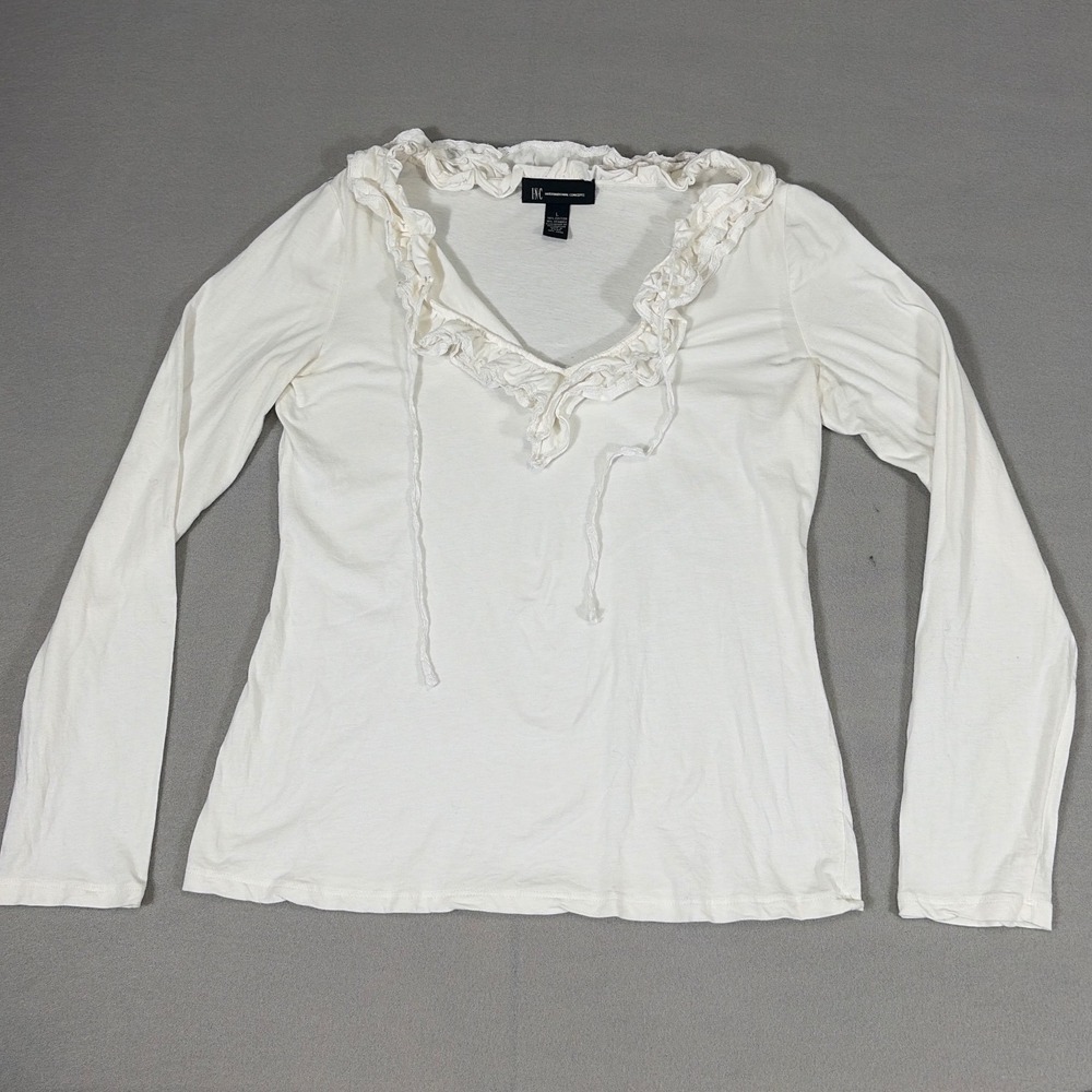 INC International Concepts White Ruffle V-Neck Long‎ Sleeve Top Lace Trim Large